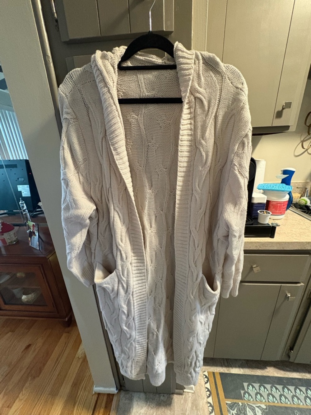 Hooded Cable Knit Longline Cardigan - Cream